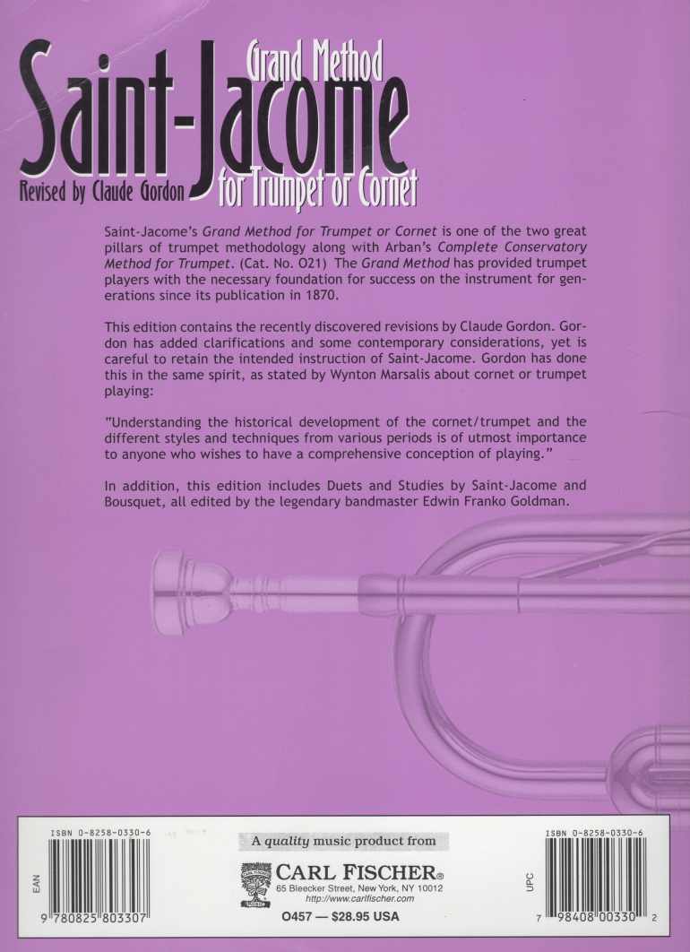 Saint-Jacome Method revised by Claude Gordon - Back Cover - Wynton Marsalis remark